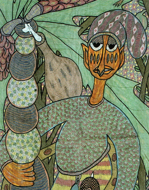 The Palm Wine Tapper Twins Seven-Seven (1944 - 2011), Oshogbo, Nigeria c.1978. Ink, pastel and oli on cloth (50 1/2" h x 30 1/2"w)