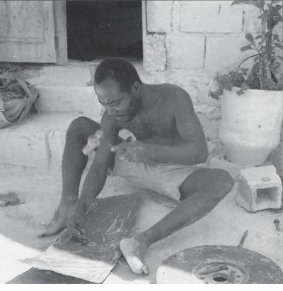 Gabriel Bien-Aimé in his workshop in Sapotille, Carrefour, Haiti, c. 1980 (from Alain Foubert - Forgerons du Vodou)