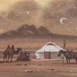 Mongolian Nightscape with Yurt and Camel and Horse.