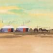 Mongolian Landscape with Yurts and Horses