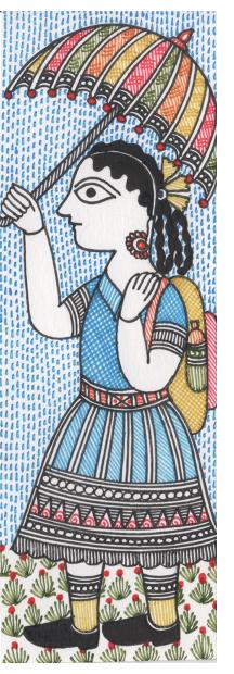 Schoolgirl with umbrella - miniature painting