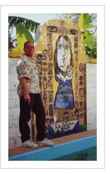 José Fuster with a tile mural of La Virgen de la Caridad, patron saint of Cuba, at his Havana studio. February, 2000 (Photograph © Anthony Hart Fisher 2000)