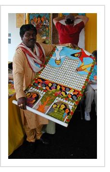 Bengali artist Gurupada Chitrakar sings the story of September 11th, 2001, in Santa Fe, July, 2006 (Photograph © Anthony Hart Fisher 2006).