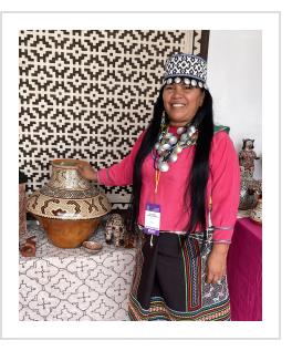 Lily Virginia Sandoval Panduro of Chonon Biri Artisans Association. Santa Fe, July 2025 (Photograph © Anthony Hart Fisher 2025)