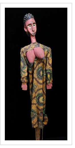 Bamana Rod Puppet of woman with articulated arms and breasts