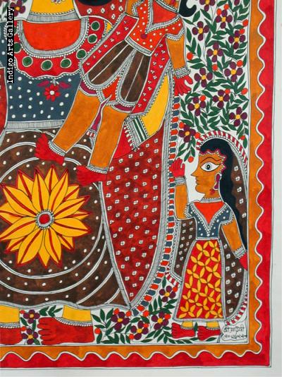 Fish-Carrying Woman with Daughter and Son - Mithila painting