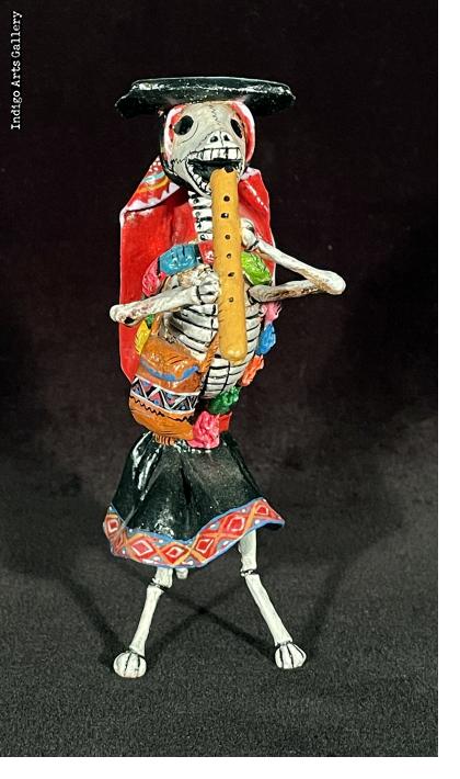 Calavera Flautist Dog - Retablo Figure | Indigo Arts
