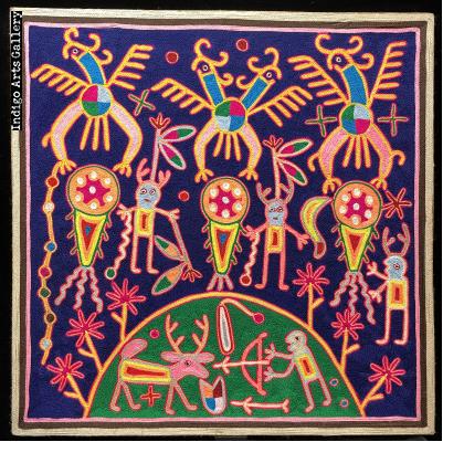 The Three Shamans and the Three Eagle Gods - Nierika Yarn Painting