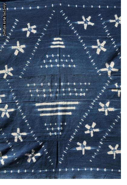 Indigo stitch-resist-dyed strip-weave cotton cloth