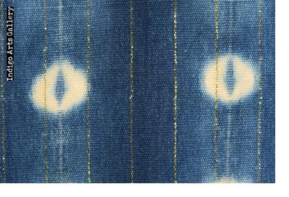 Indigo resist-dyed strip-weave cotton cloth with Lurex threads