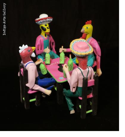 Borrachos at a table - vintage Oaxaca wood carving | Indigo Arts