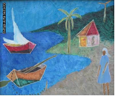 Woman in a blue dress and two boats at the shore