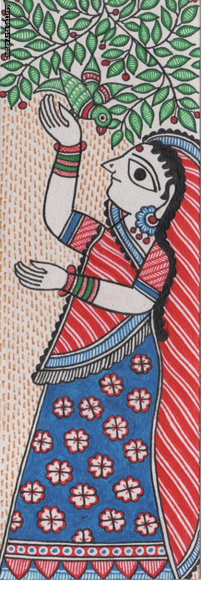 Woman with a bird - miniature painting
