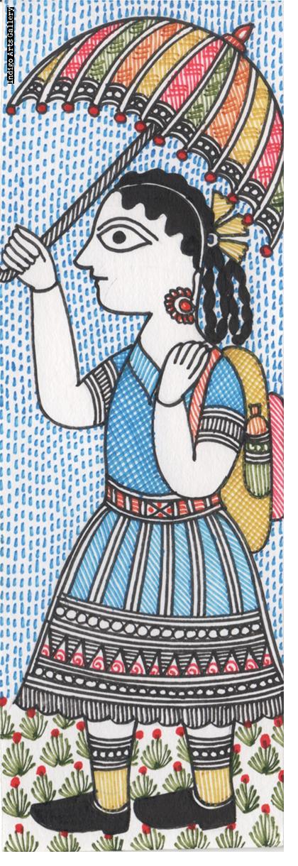 Schoolgirl with umbrella - miniature painting