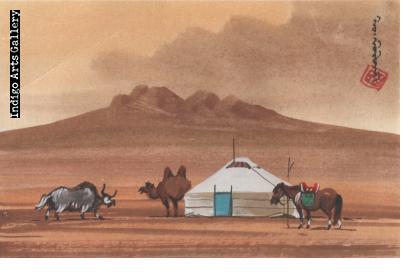 Mongolian Landscape with Yurt and Camel, Horse and Yak