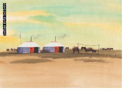 Mongolian Landscape with Yurts and Horses