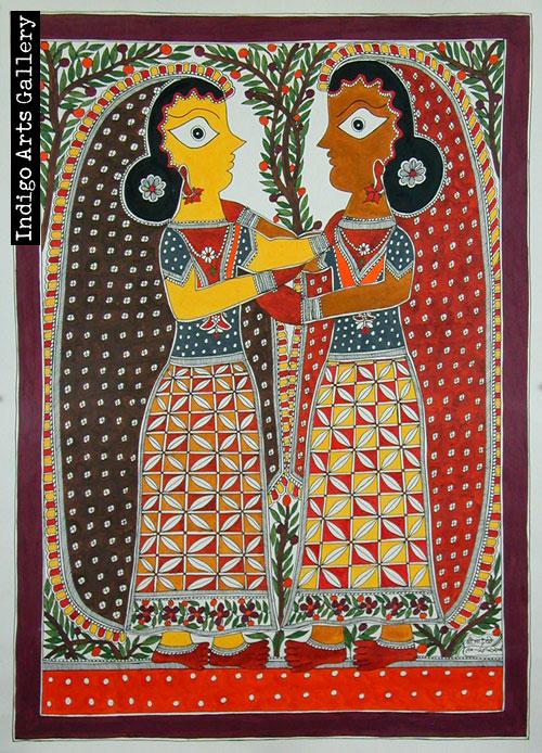 Two Girl Friends - Mithila painting | Indigo Arts