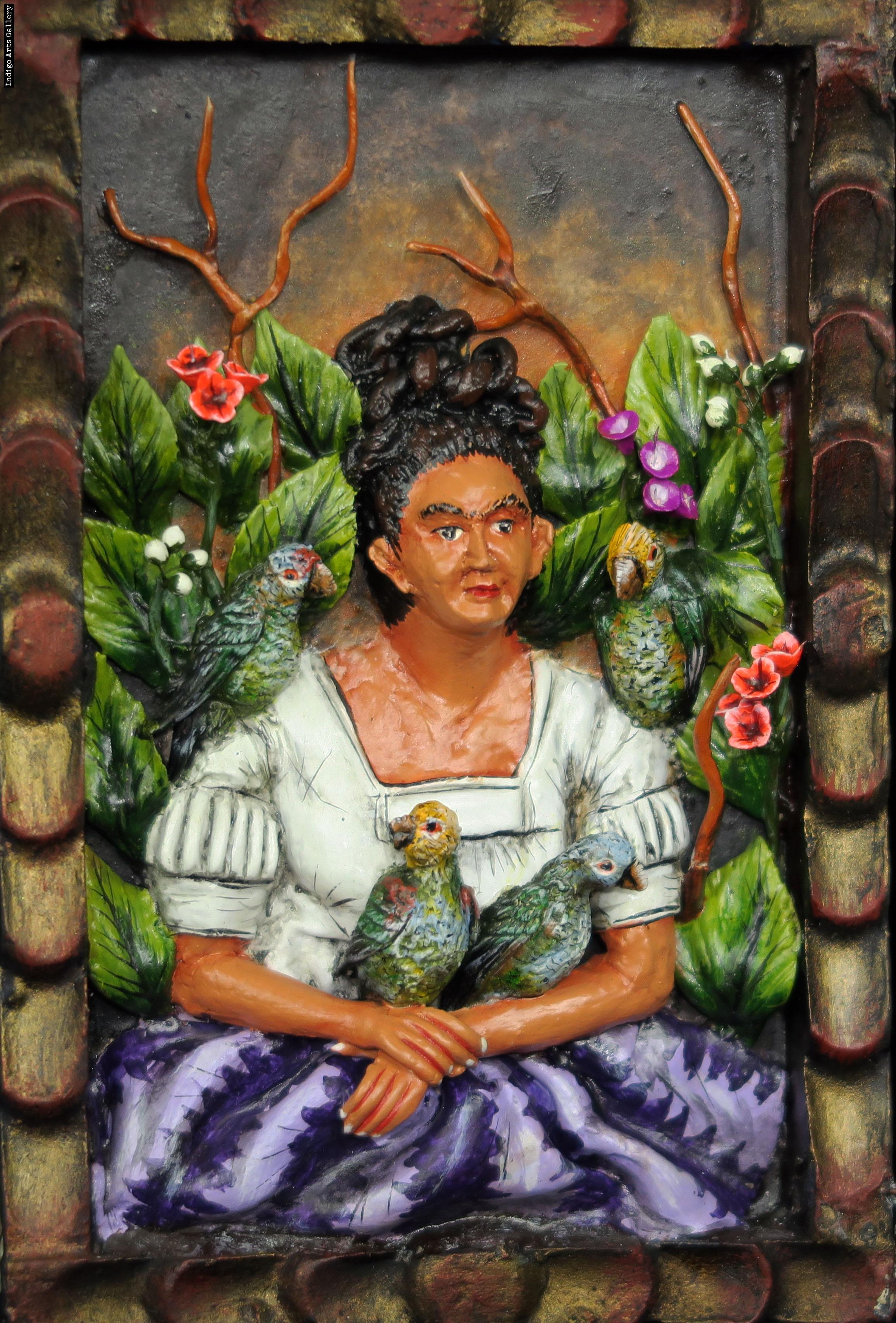 Frida Kahlo retablo - Parrots, Monkeys & "Wounded Deer" | Indigo Arts