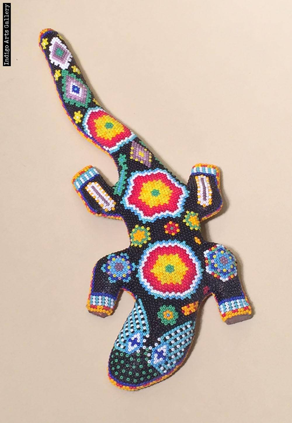 Large Huichol wood carved beaded lizzard