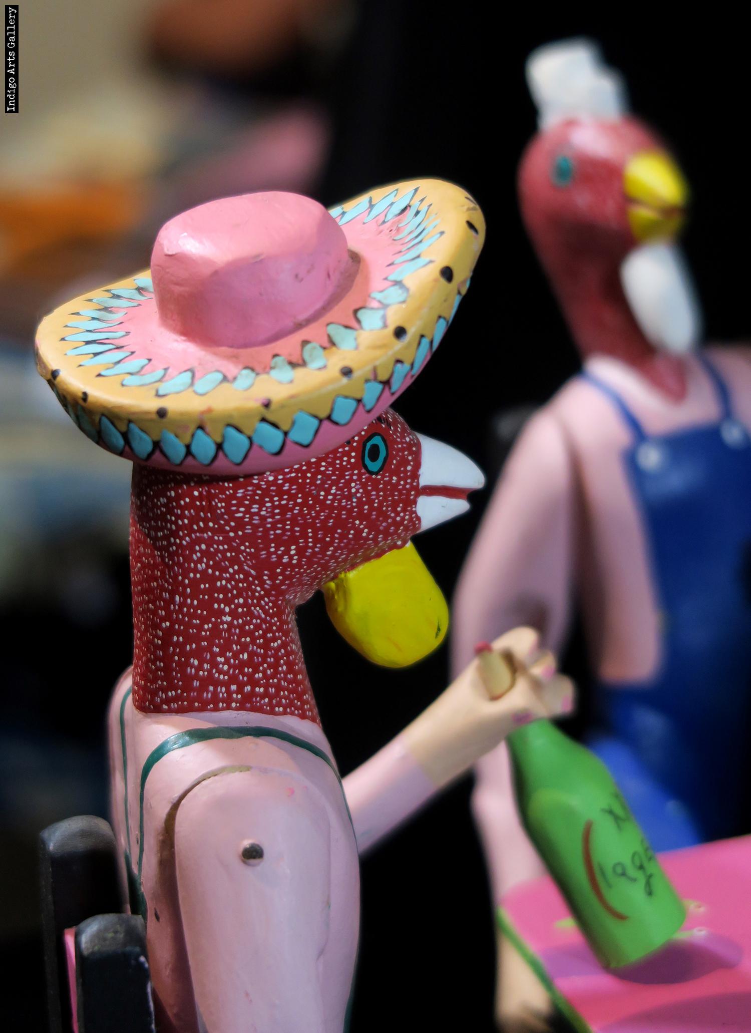 Borrachos at a table - vintage Oaxaca wood carving | Indigo Arts