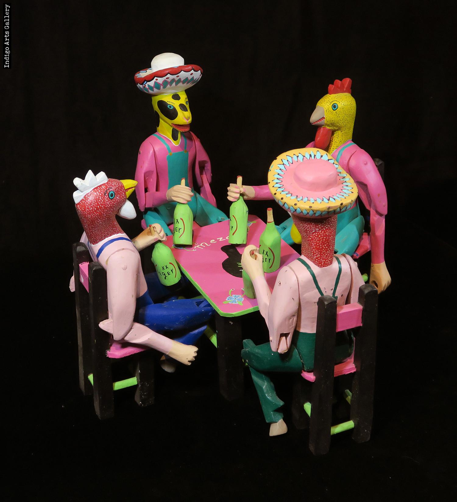 Borrachos at a table - vintage Oaxaca wood carving | Indigo Arts